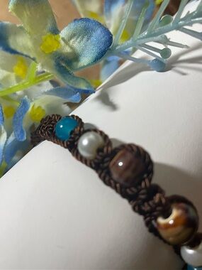 Handcrafted Brown Macrame Bracelet with Turquoise, Pearl & Earth Tone Beads